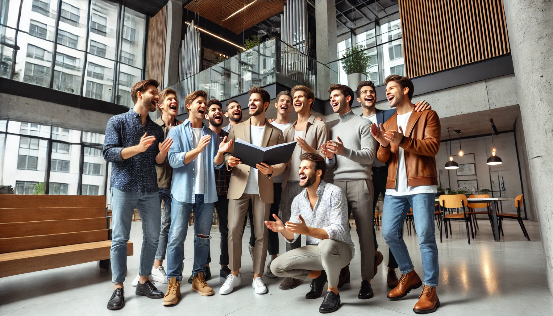 Gruppe junger und älterer Männer in lässiger Kleidung, die zusammen singen und lachen, vor einem modernen Hintergrund