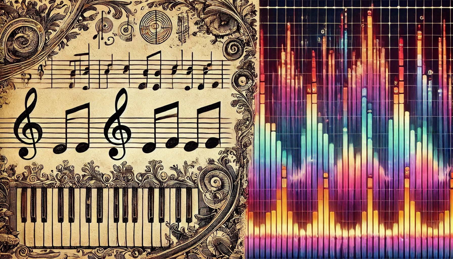 Split-Screen: Eine Hälfte zeigt klassische Notenschrift, die andere moderne Soundwellen