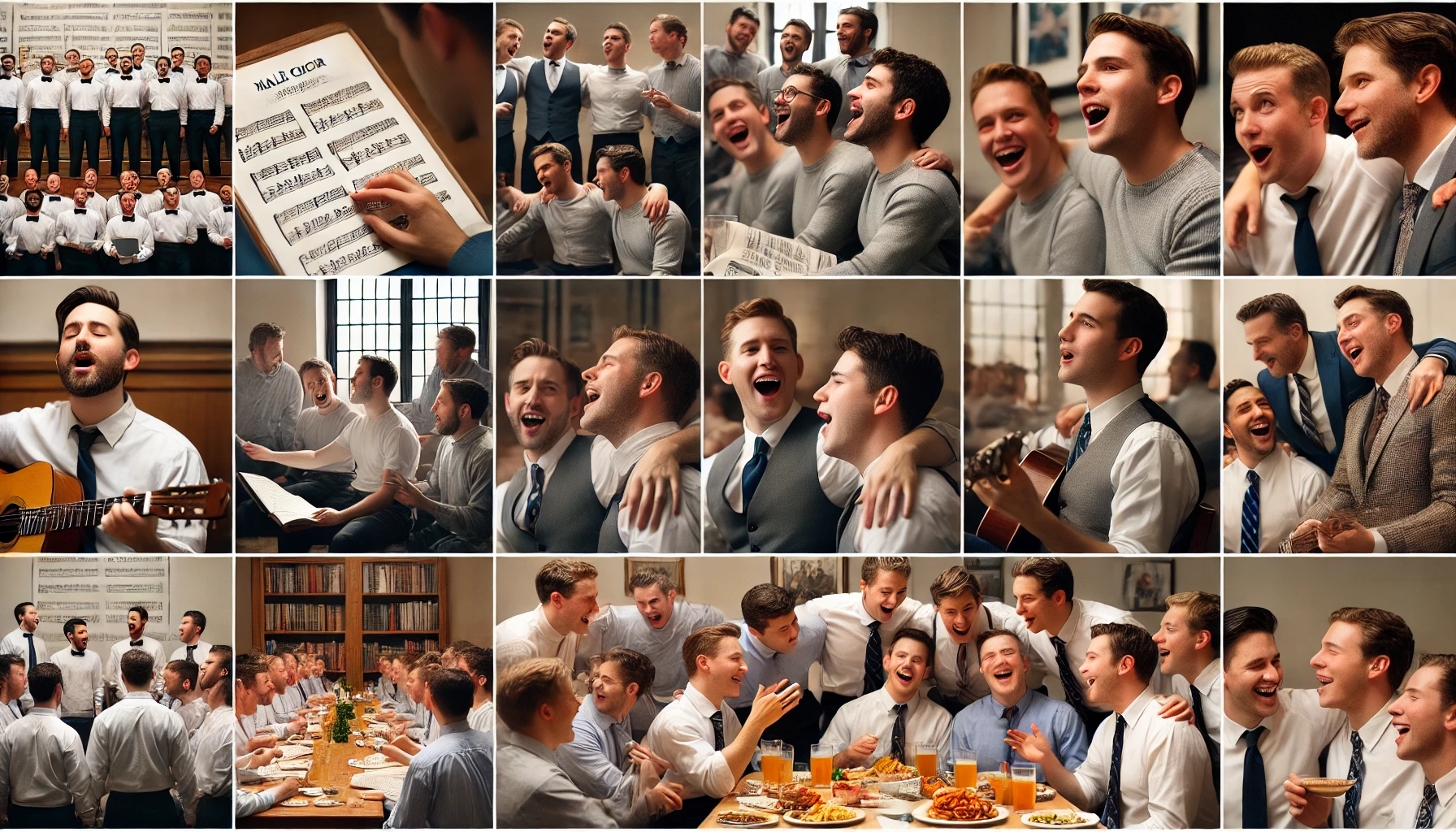 Fotocollage von verschiedenen Momenten aus dem Chorleben: Proben, Lachen, Auftritte, gemeinsames Essen