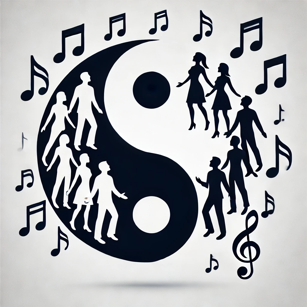 Yin-Yang-Symbol, eine Seite mit männlichen, eine mit weiblichen Silhouetten, die zusammen singen