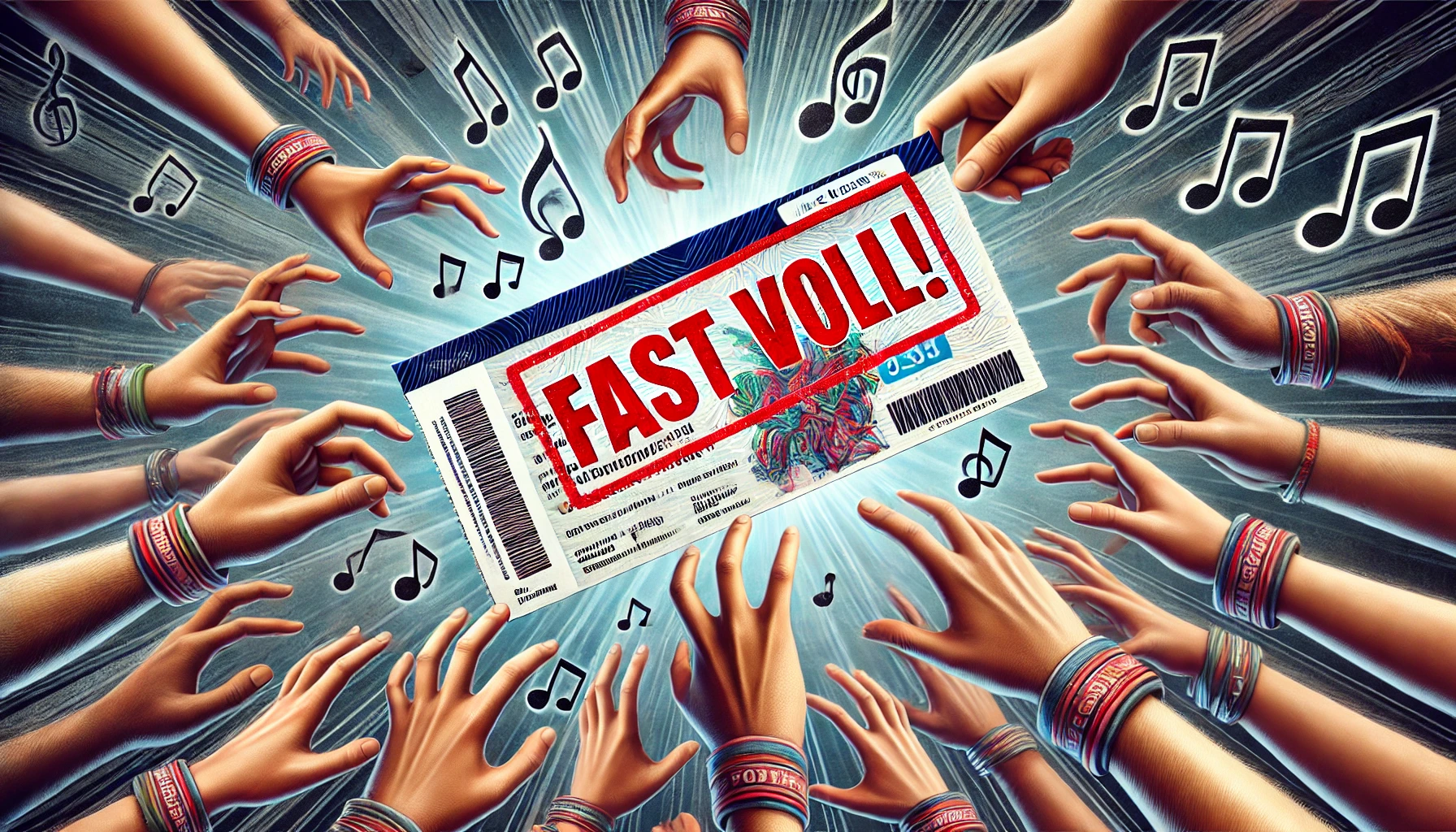 Konzerttickets, die von Händen gegriffen werden, mit einem großen "Fast ausverkauft!"-Stempel